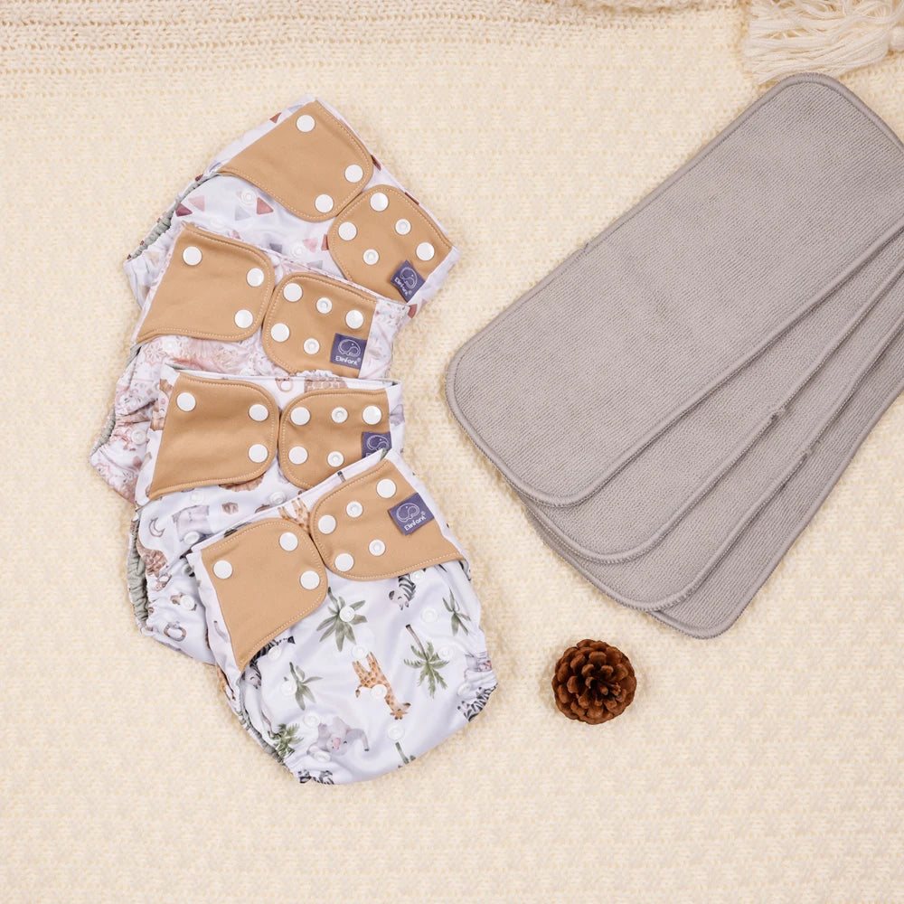 Mesh-Lined Cloth Diapers by Elinfant, 4-Pack Adjustable Pocket Baby Nappies with 4 Three-Layer Microfiber Inserts and Waterproof PUL Outer