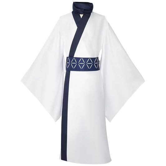 Ryomen Sukuna Cosplay Costume for Adults, White Kimono-Style Robe with Dark Trim, Neckwear and Patterned Waist Belt for Halloween and Anime Events