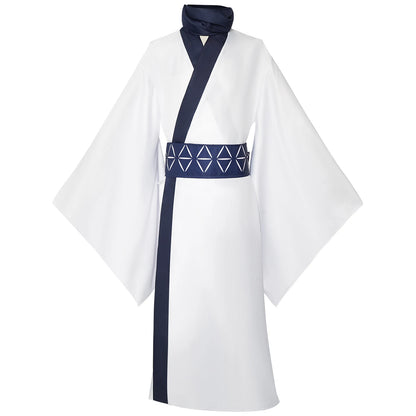Ryomen Sukuna Cosplay Costume for Adults, White Kimono-Style Robe with Dark Trim, Neckwear and Patterned Waist Belt for Halloween and Anime Events