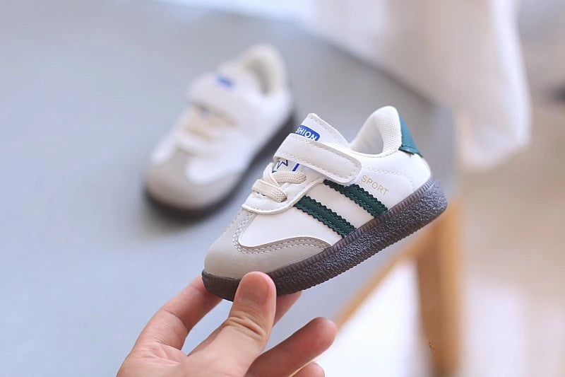 Toddler Twin Stripe Strap Sneakers with Faux PU Uppers and Lace Details, Black, Beige or Green Casual Shoes for Boys and Girls, 11.8-16 cm Inner Lengths