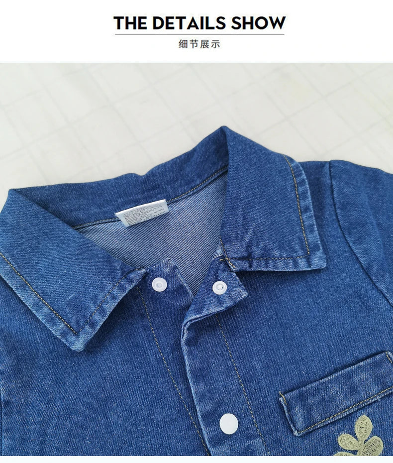 Collared Baby Denim Romper by IENENS with Chest Pockets and Snap Fastenings, Blue Long Sleeve One-Piece Outfit for Boys and Girls in 0-18M Sizes