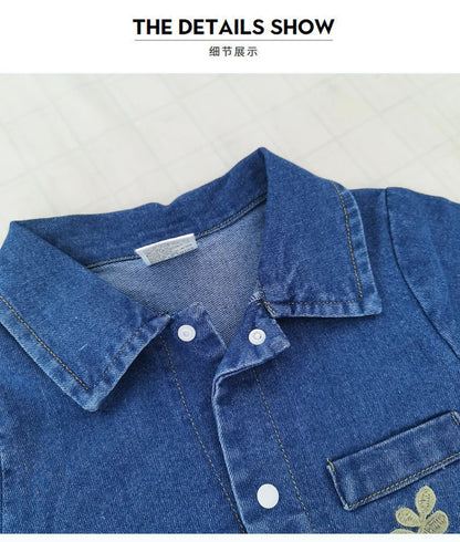 Collared Baby Denim Romper by IENENS with Chest Pockets and Snap Fastenings, Blue Long Sleeve One-Piece Outfit for Boys and Girls in 0-18M Sizes