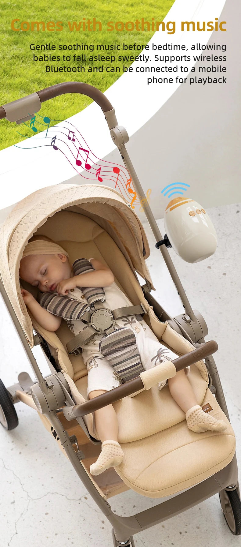 Stroller Motion Soother with White Noise, Portable Automatic Rocking Accessory with Strap Mount in SR12 White or SR11 Beige for Supervised Use