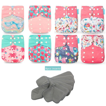 Cloth Diaper Starter Set by Happyflute, 8 Adjustable Pocket Baby Diapers with 8 Bamboo Charcoal Inserts, Washable PUL Covers and Snap Closures
