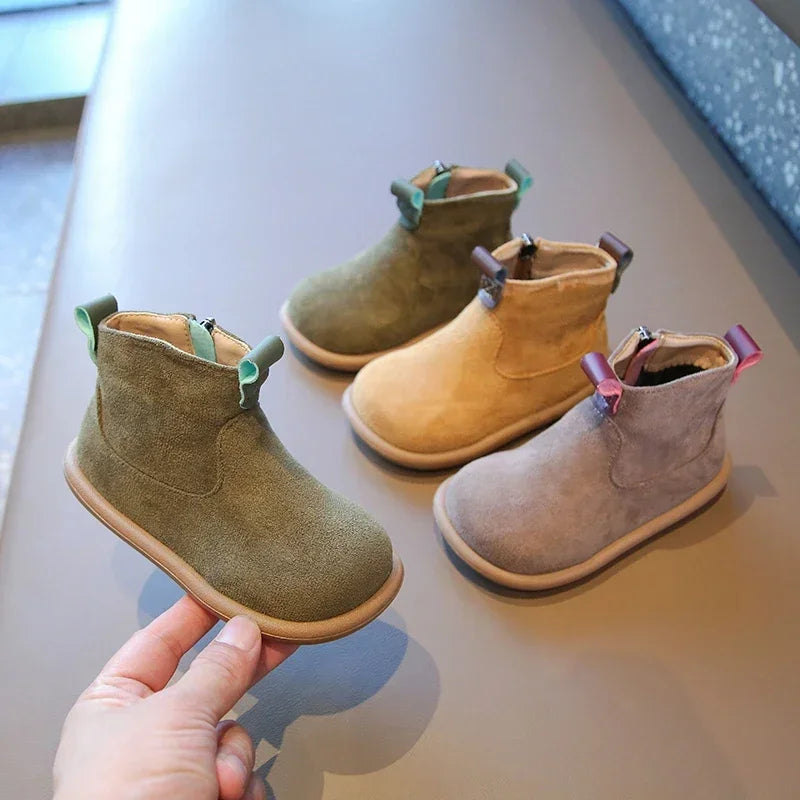 Toddler Suede-Look Ankle Boots with Side Zipper and Colorful Pull Tabs, Green Pink or Yellow Casual Short Boots for Boys and Girls in Sizes 21–30