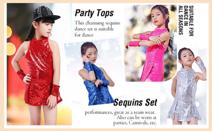 Girls Sequin Jazz Dance Costume with Sleeveless A-Line Dress, Shorts, Socks and Wristbands, Sparkly Hip Hop Stage Outfit for Ages 4-12