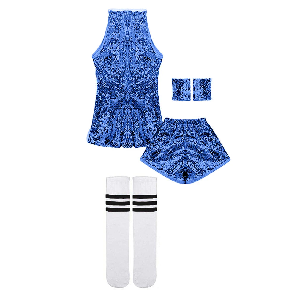 Girls Sequin Jazz Dance Costume with Sleeveless A-Line Dress, Shorts, Socks and Wristbands, Sparkly Hip Hop Stage Outfit for Ages 4-12
