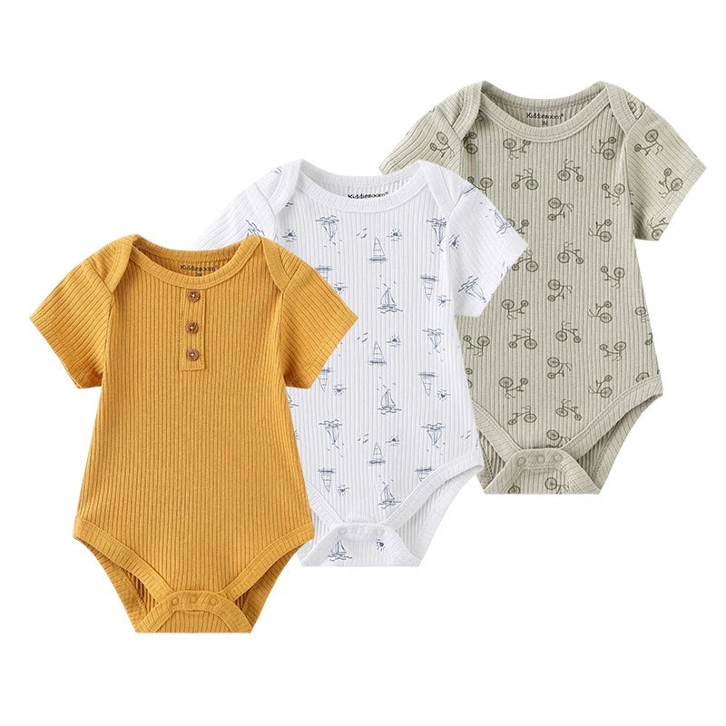 Cotton Infant Bodysuit Trio with Short Sleeves, Printed and Solid Baby One-Piece Outfits with Bottom Snaps for Boys and Girls, 3M-12M