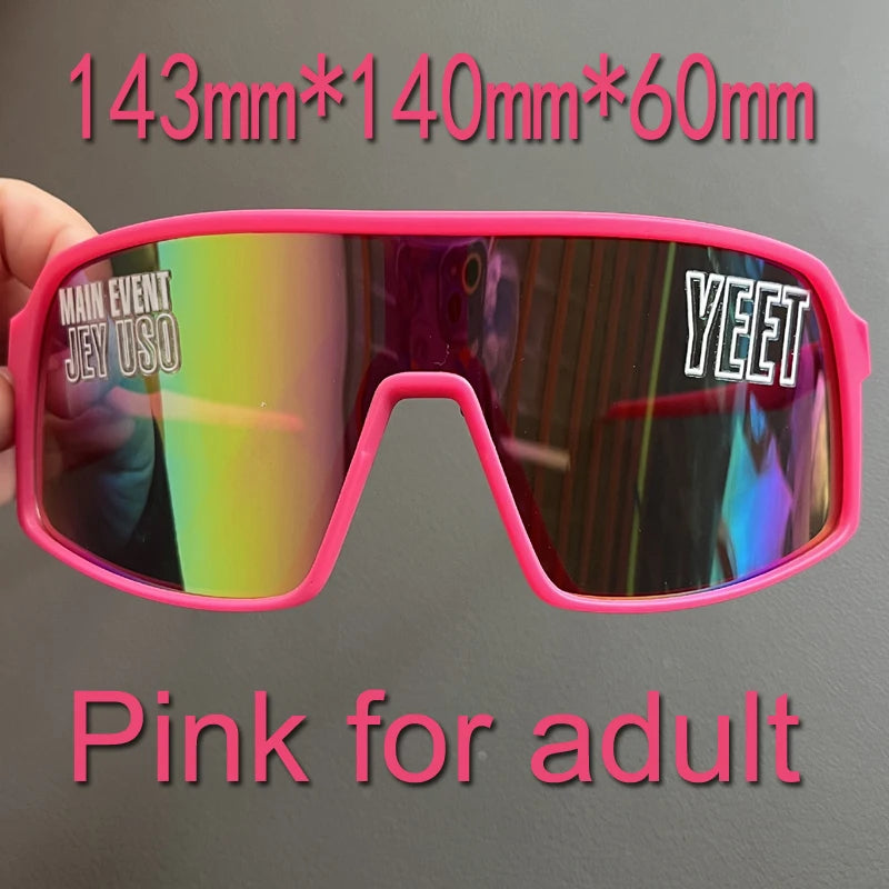 YEET Graphic Sunglasses with Jey Uso Main Event Lettering, Colorful Shield-Style Fan Shades in Children's and Adult Options for Party Outfits