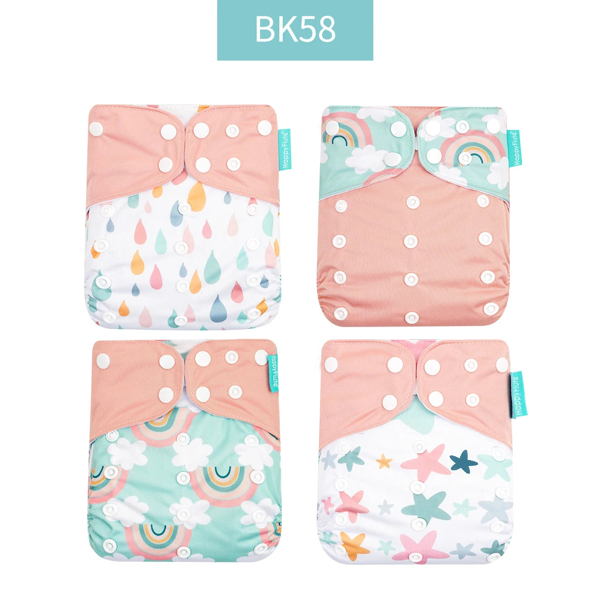 Reusable Cloth Diapers, Happyflute 4-Pack One-Size Pocket Baby Nappies with Adjustable Snap Closures, Washable Covers, Inserts Sold Separately
