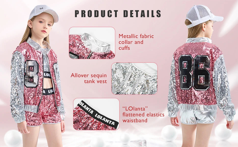 Girls Sequin Hip Hop Dance Costume Set with Metallic Trim Jacket, Crop Top, Shorts and Striped Socks for Jazz Recitals and Stage Performances
