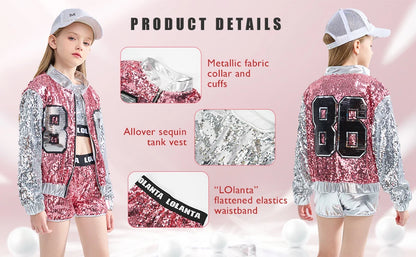 Girls Sequin Hip Hop Dance Costume Set with Metallic Trim Jacket, Crop Top, Shorts and Striped Socks for Jazz Recitals and Stage Performances