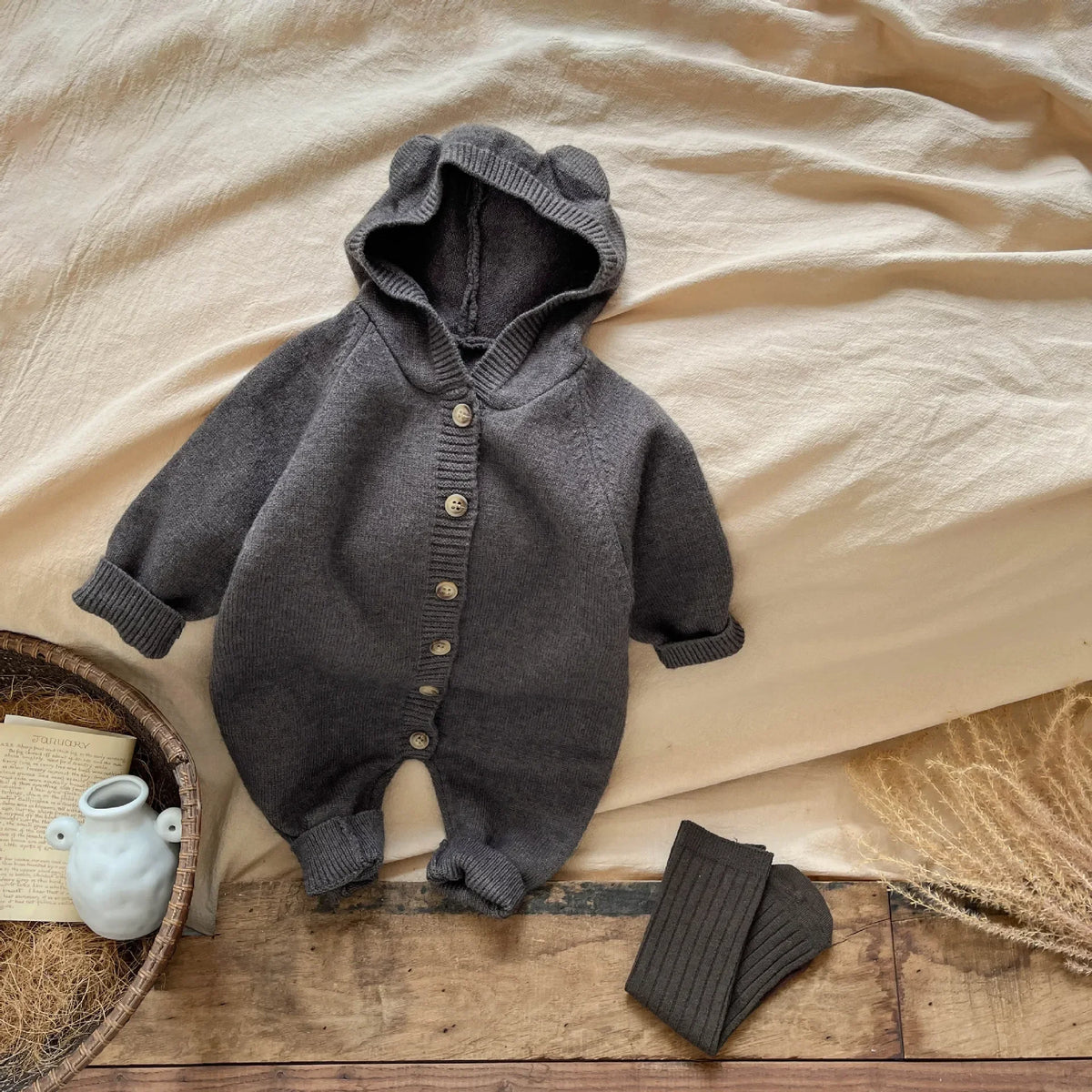 Round Ear Hooded Baby Knit Jumpsuit with Button Front and Ribbed Cuffs, Footless Spring and Fall Romper in Brown, Light Grey or Dark Grey