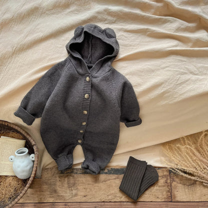 Round Ear Hooded Baby Knit Jumpsuit with Button Front and Ribbed Cuffs, Footless Spring and Fall Romper in Brown, Light Grey or Dark Grey