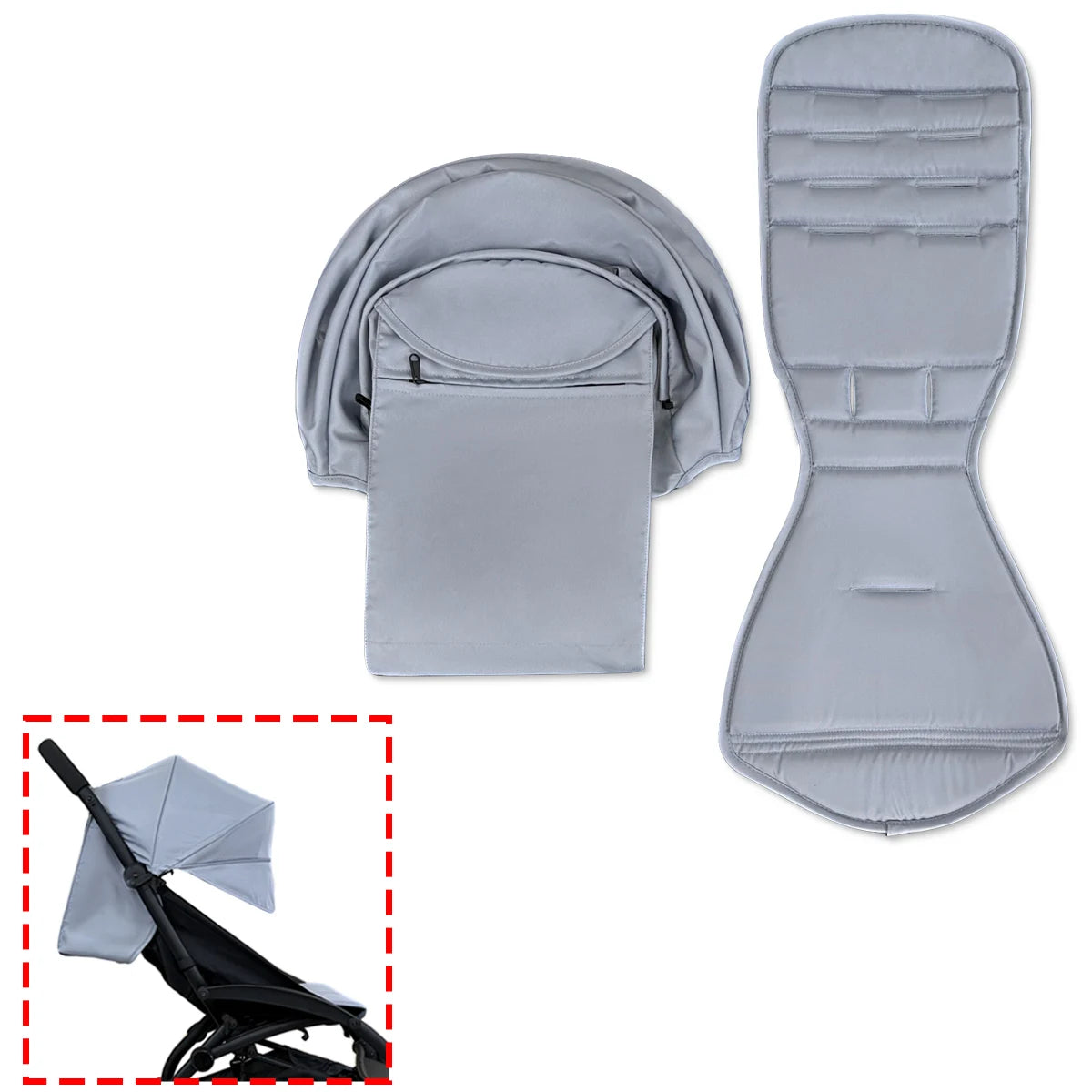 Stroller Canopy Cover and Padded Seat Set Compatible with Babyzen YOYO and YOYO2, 600D Replacement Fabric with Rear Zipper Pocket and Color Options