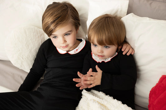 Black Collared Kids Outfits, Cotton Long Sleeve Two-Piece Sets with White and Red Trim, Coordinating Baby Footie and Girls Dress Styles