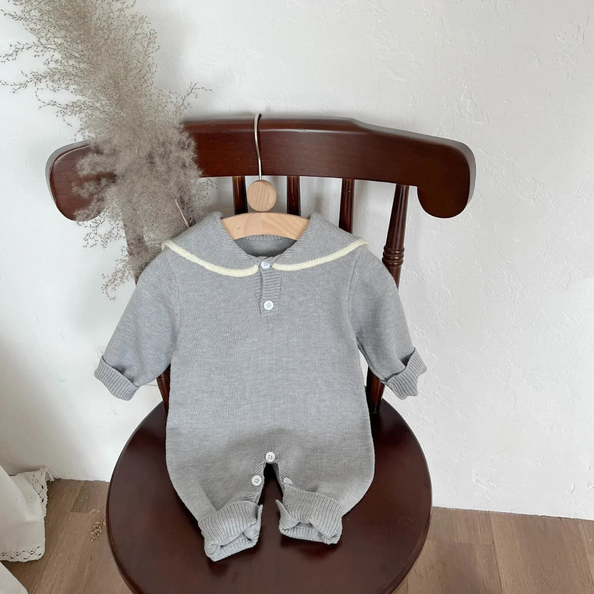 Sailor Collar Baby Knit Romper with Long Sleeves and Button Fastenings, Footless One-Piece Outfit in Gray, Stripe or Dark Blue, Sizes 66-100