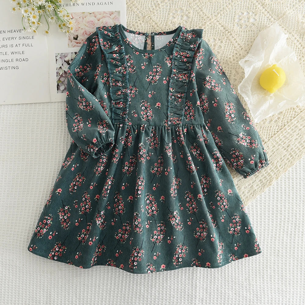 Toddler Girls Floral Dress with Oversized Collar and Long Sleeves, Bear Leader Outfit in Sizes 2T–6T for Spring, Fall and Family Photos
