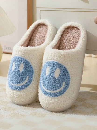 Kids Smiley Face Plush Slippers, Closed-Toe Slip-On Indoor House Shoes with Thick Soles in Blue, Pink, Yellow or Light Green for Fall and Winter