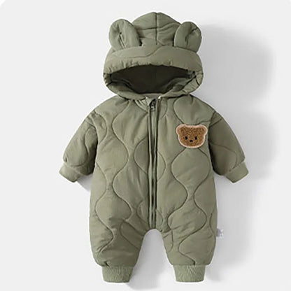 Winter Baby Bear Snowsuit, Quilted Hooded One-Piece with Plush Lining, Front Zipper and Ribbed Cuffs for Infant Boys and Girls