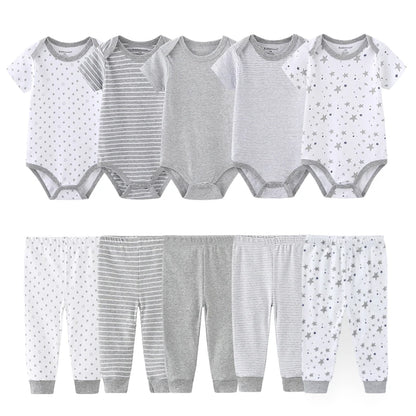 Baby Bodysuit and Pants Set, 10-Piece Kiddiezoom Infant Clothing Bundle with Short-Sleeve Tops for Boys and Girls, Sizes 3M-12M