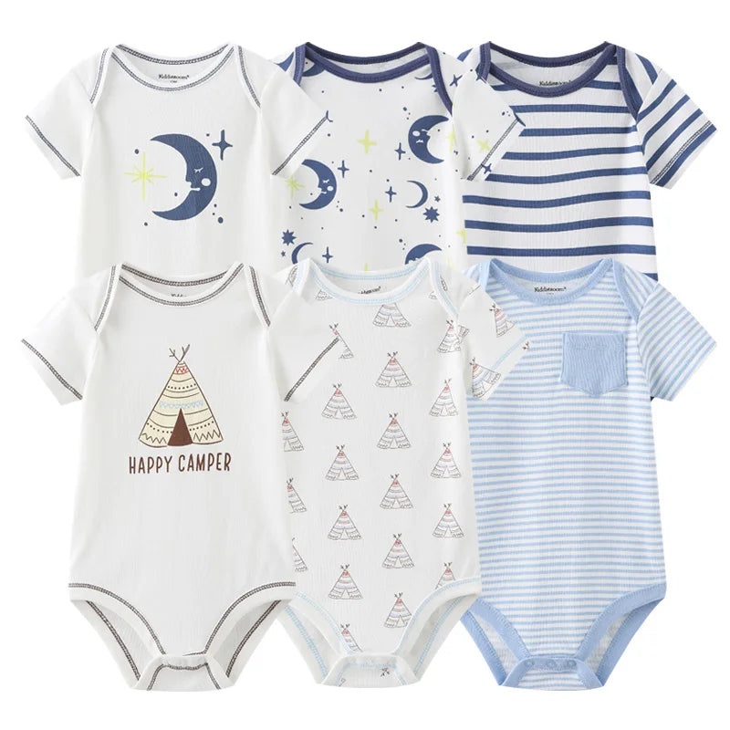 Baby Cotton Bodysuit Set, 6-Piece Short Sleeve Outfits with Envelope Shoulders and Snap Crotch for Boys and Girls, Sizes 3M-12M
