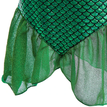 Mermaid Costume Dress for Girls with Purple Bodice, Green Scale-Pattern Skirt and Fishtail Hem for Birthdays, Halloween and Princess Dress-Up