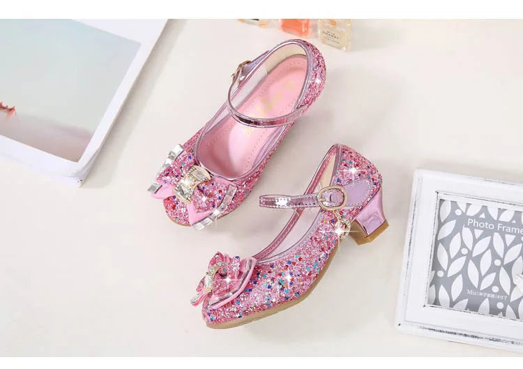 Bow-Accent Glitter Mary Jane Shoes for Girls with Buckled Strap and Block Heel, Sparkling Princess Dress Shoes for Parties and Weddings