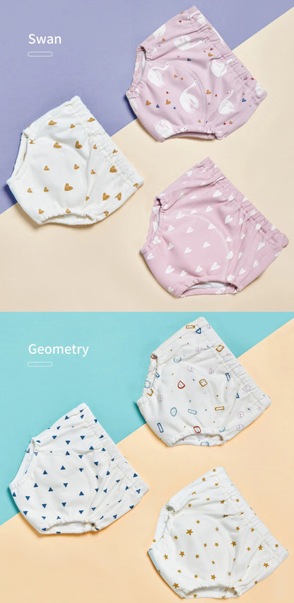 6-Layer Cotton Training Pants, 3-Pack Reusable Toddler Potty Underwear with Elastic Waist and Printed Designs in 90 cm and 100 cm Size Options