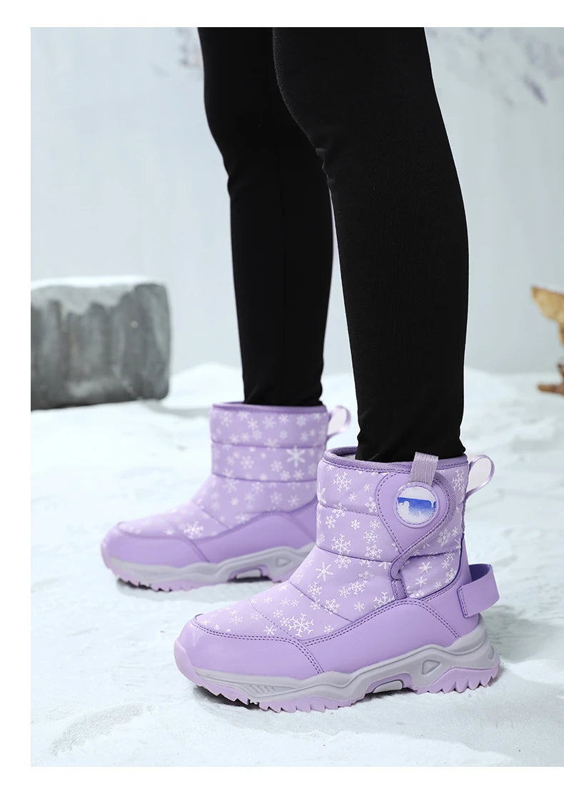 Snowflake Print Kids Winter Boots with Padded Shafts, Pull Tabs and Chunky Tread Soles, Pink Snow-Style Footwear for Boys and Girls