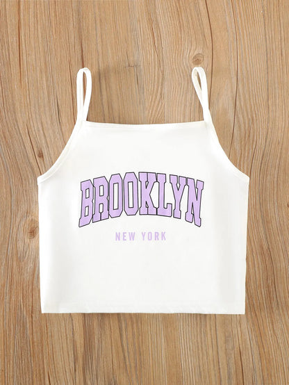 Girls Mesh Top and Shorts Outfit with Brooklyn Print Cami, Three-Piece Summer Set with Short Sleeves and Elastic Waist for Ages 8-12