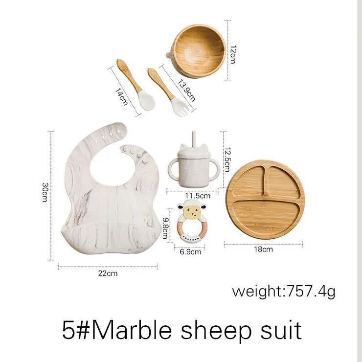 Bamboo Baby Tableware Set with Animal Plate Designs, Bowl, Cup and Wooden-Handle Utensil Options for Supervised Infant and Toddler Mealtimes