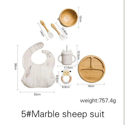 Bamboo Baby Tableware Set with Animal Plate Designs, Bowl, Cup and Wooden-Handle Utensil Options for Supervised Infant and Toddler Mealtimes