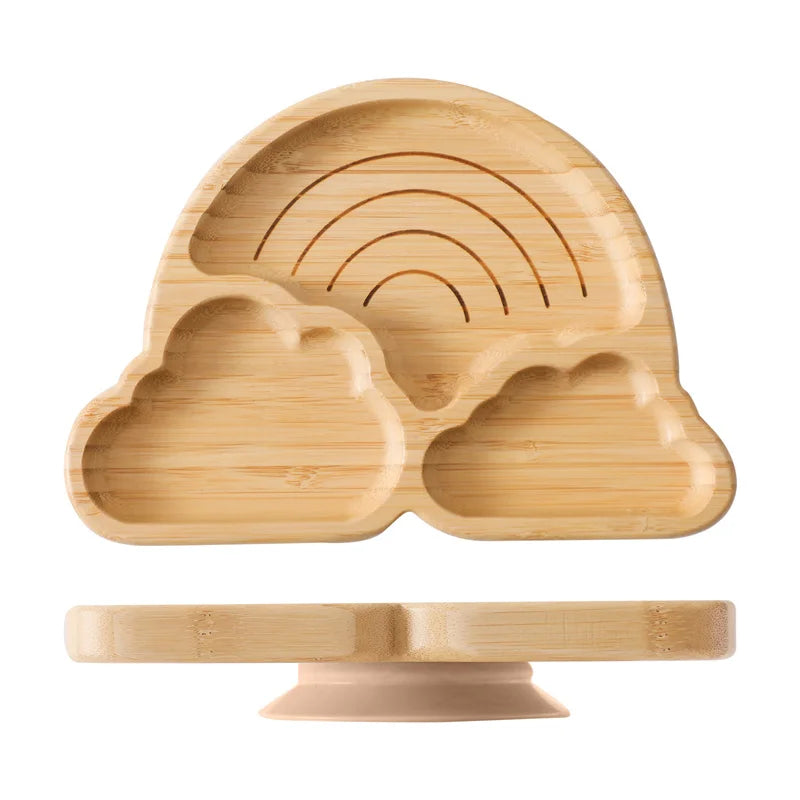 Bamboo Baby Suction Bowl and Tableware Options, Sun, Cloud and Dinosaur Designs with Single-Piece or 3-Piece Wooden-Handle Utensil Sets