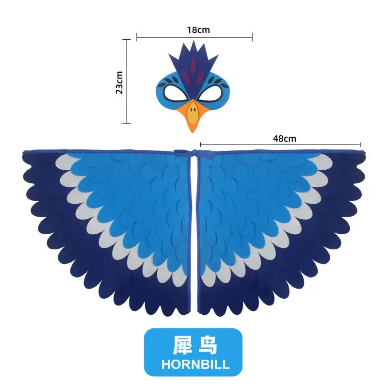 Kids Bird Wings and Mask Costume Set with Layered Felt Feather Cape, Colorful Animal Dress-Up for Halloween, Birthday Parties and Stage Performances