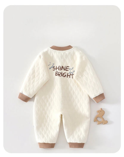 Quilted Baby Snap-Front Romper with Cartoon Dog or Dinosaur Details, Long Sleeve Footless Jumpsuit with Contrast Cuffs for Infant Everyday Outfits