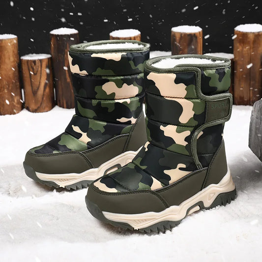 Kids Camo Winter Snow Boots with Plush Lining and Hook-and-Loop Side Closure, Rubber Tread Sole and Five Color Options for Boys and Girls, Sizes 26–38