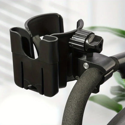 Stroller Beverage and Phone Organizer with Clamp Mount, 2-in-1 Cup and Bottle Holder in Black or Beige for Compatible Stroller and Wheelchair Frames