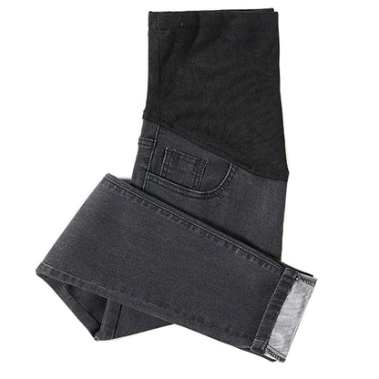 Maternity Denim Jeans with Over-Belly Panel, Blue Pregnancy Pants with Frayed Hem Styling, M-2XL Options for Everyday Casual Outfits