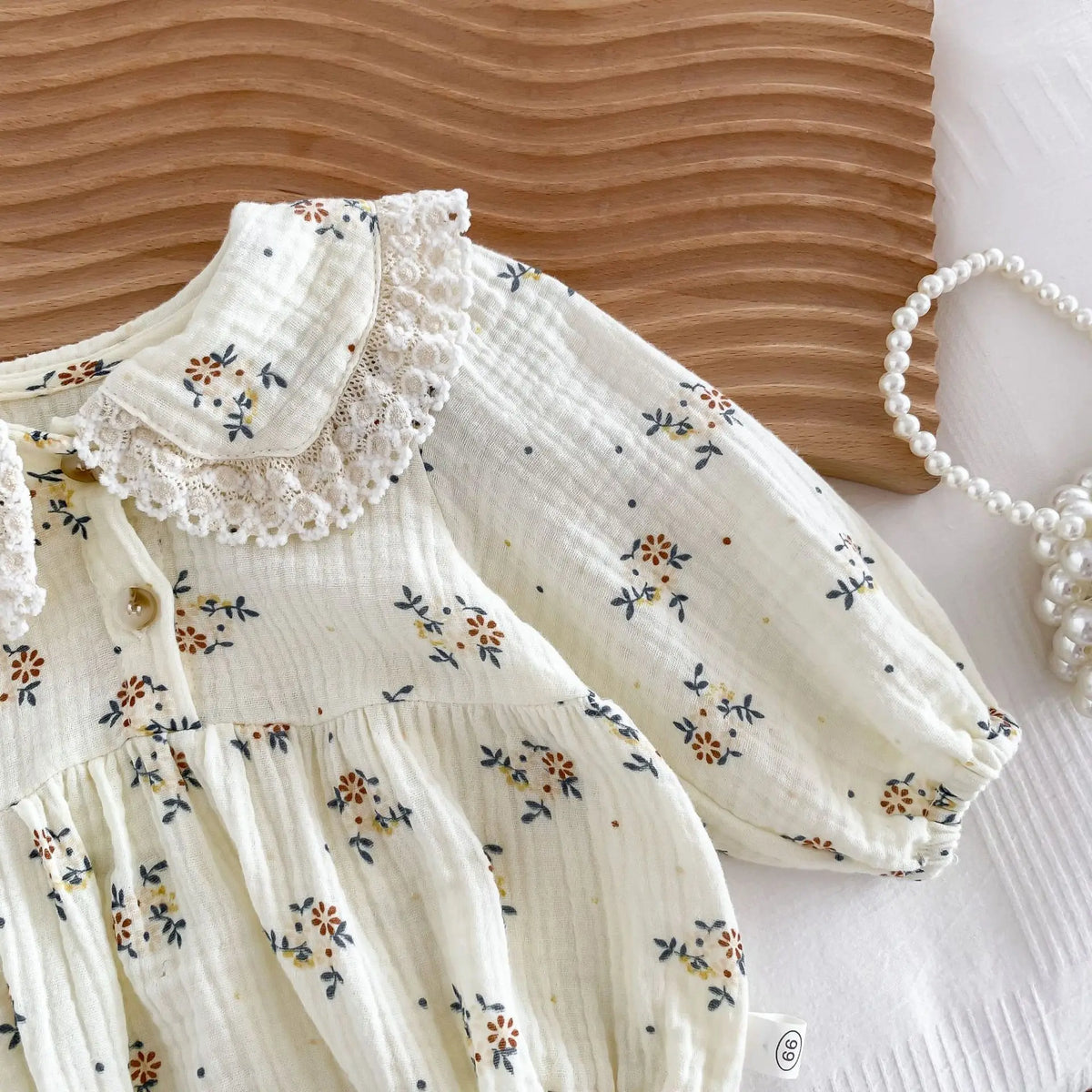 Lace Collar Baby Girl Romper with Bonnet, Cream Floral Long Sleeve Bubble One-Piece and Matching Hat for Spring Photos, Sizes 66-90