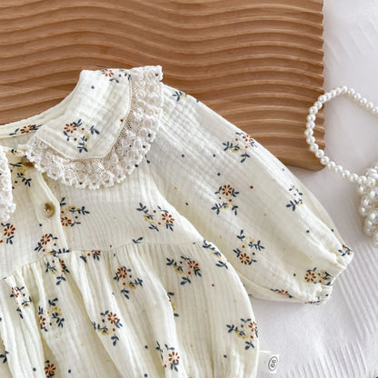 Lace Collar Baby Girl Romper with Bonnet, Cream Floral Long Sleeve Bubble One-Piece and Matching Hat for Spring Photos, Sizes 66-90