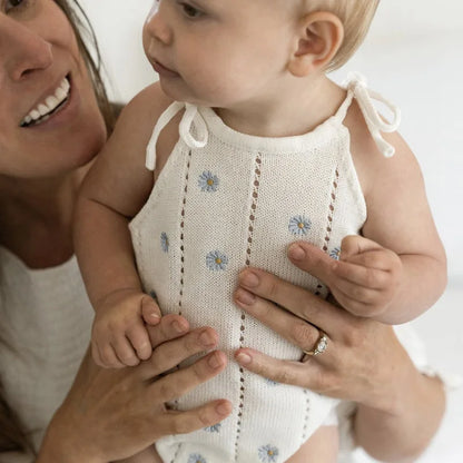 Sleeveless Baby Girl Bodysuit with Floral Cotton Knit and Tie Shoulders, White Openwork Summer One-Piece Outfit for Family Photos, 0-24M