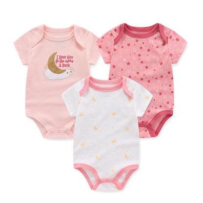 Cotton Infant Bodysuit Trio with Short Sleeves, Printed and Solid Baby One-Piece Outfits with Bottom Snaps for Boys and Girls, 3M-12M