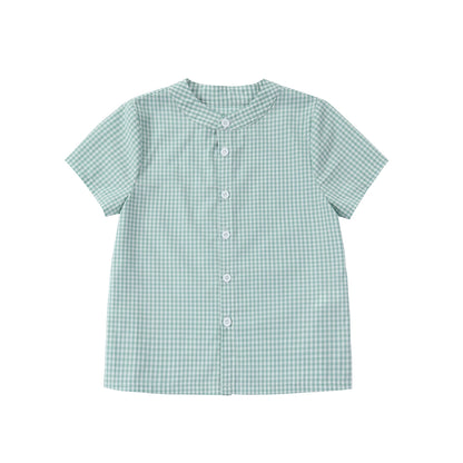 Sage Green Gingham Kids Outfits with Cotton Girls Dress and Baby Romper Options, Lyocell Knit Layers and Boys Separates for Sibling Family Photos