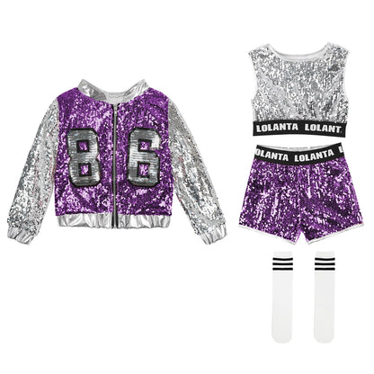 Girls Sequin Hip Hop Dance Costume Set with Metallic Trim Jacket, Crop Top, Shorts and Striped Socks for Jazz Recitals and Stage Performances