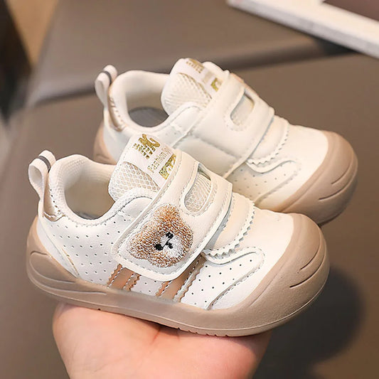 Toddler Bear Sneakers with Hook-and-Loop Strap, Perforated Upper and Striped Sides, Baby Boys and Girls Casual Shoes in Black Gold or Red, Sizes 16-25