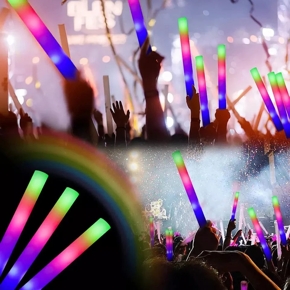 Bulk RGB LED Glow Sticks, 100-Pack Light-Up Foam Cheer Tubes with 3 Flashing Modes and Included Batteries for Weddings, Birthdays and Christmas Parties