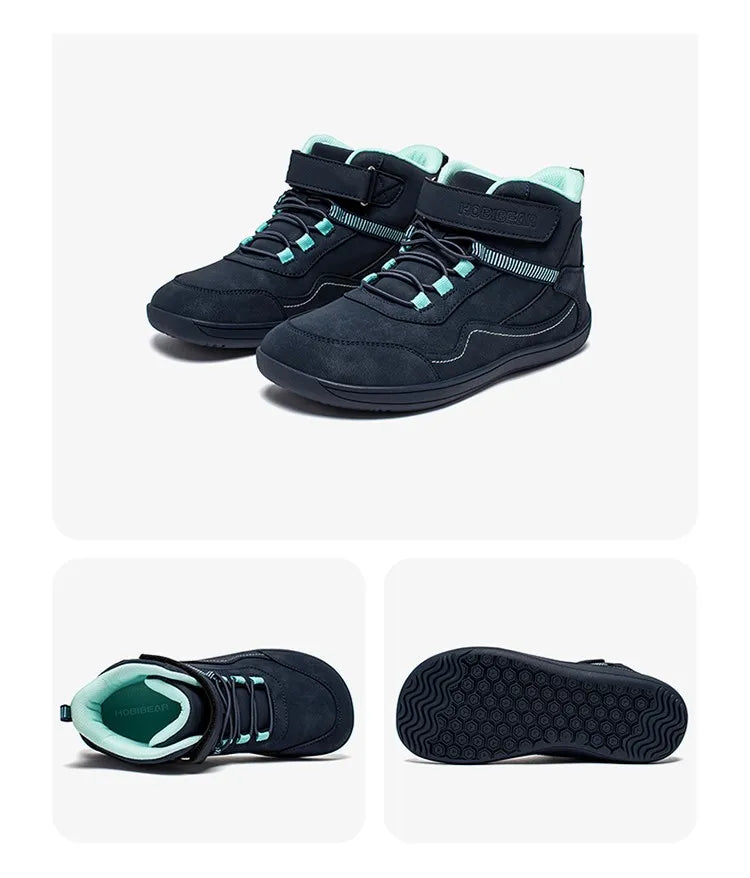 Kids Barefoot Boots with Wide Toe Box, Zero-Drop Sole and Adjustable Hook-and-Loop Strap, HOBIBEAR Artificial Leather Mid-Top Outdoor Shoes