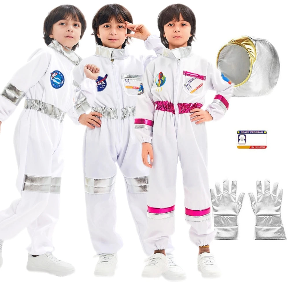 Space Explorer Costume for Kids with White Astronaut Jumpsuit, Space-Themed Patches and Metallic Trim Options for Halloween and Birthday Parties