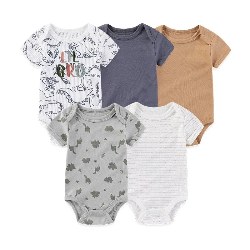 Baby Bodysuit Multipack in Cotton, 4- or 5-Piece Short Sleeve Infant Clothing with Printed and Solid Designs for Boys and Girls, Sizes 3M-12M